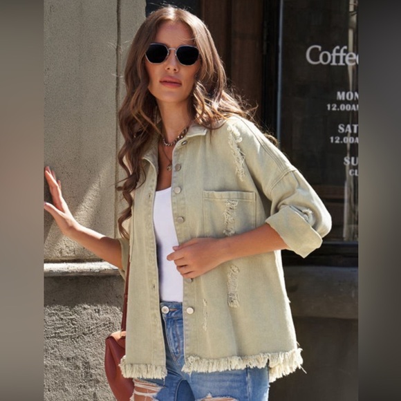 Olive Green Distressed with Frayed Hem Button Down Denim Jacket, Relaxed Fit, M - Picture 9 of 14